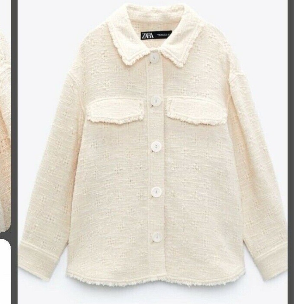 Zara Size S Shacket Jacket Cream Boucle Tweed Cropped Oversized Long Sleeve